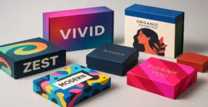 Colourful custom packaging boxes in modern, vibrant designs arranged on a neutral background.