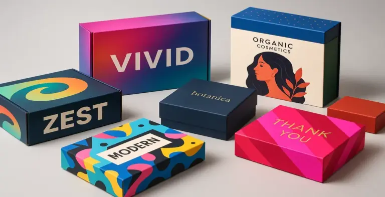 Colourful custom packaging boxes in modern, vibrant designs arranged on a neutral background.