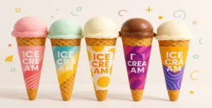 Colourful ice cream cones with custom printed cone sleeves in various designs arranged in a bright, playful layout.