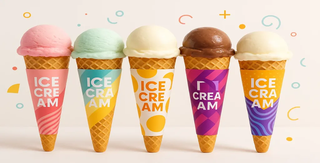 Colourful ice cream cones with custom printed cone sleeves in various designs arranged in a bright, playful layout.