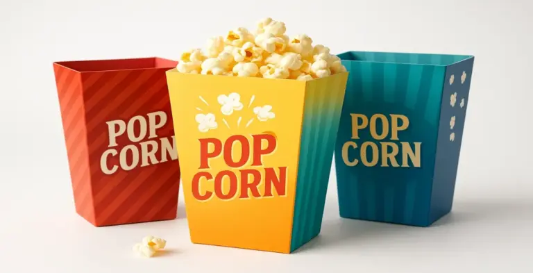 Colourful branded popcorn boxes arranged together, showcasing bold packaging designs perfect for marketing and cinema snacks.