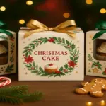 Festive Christmas cake and cupcake boxes decorated with holiday patterns, bows, and ornaments, displayed on a wooden table with warm Christmas lights in the background.