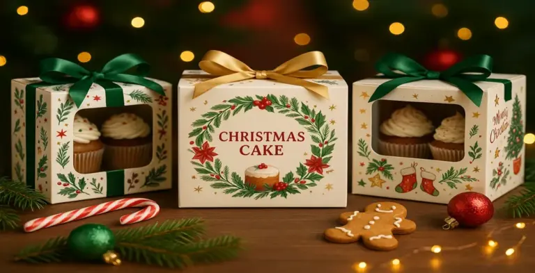 Festive Christmas cake and cupcake boxes decorated with holiday patterns, bows, and ornaments, displayed on a wooden table with warm Christmas lights in the background.