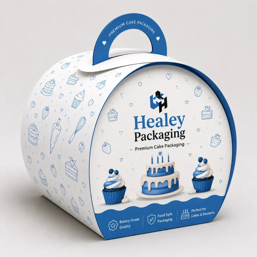 Round cake box with carry handle for premium cake packaging