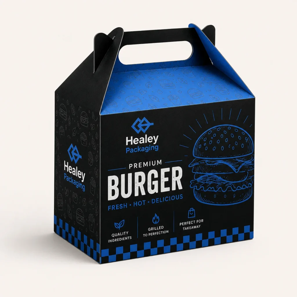 Black and blue gable burger box with integrated carry handle