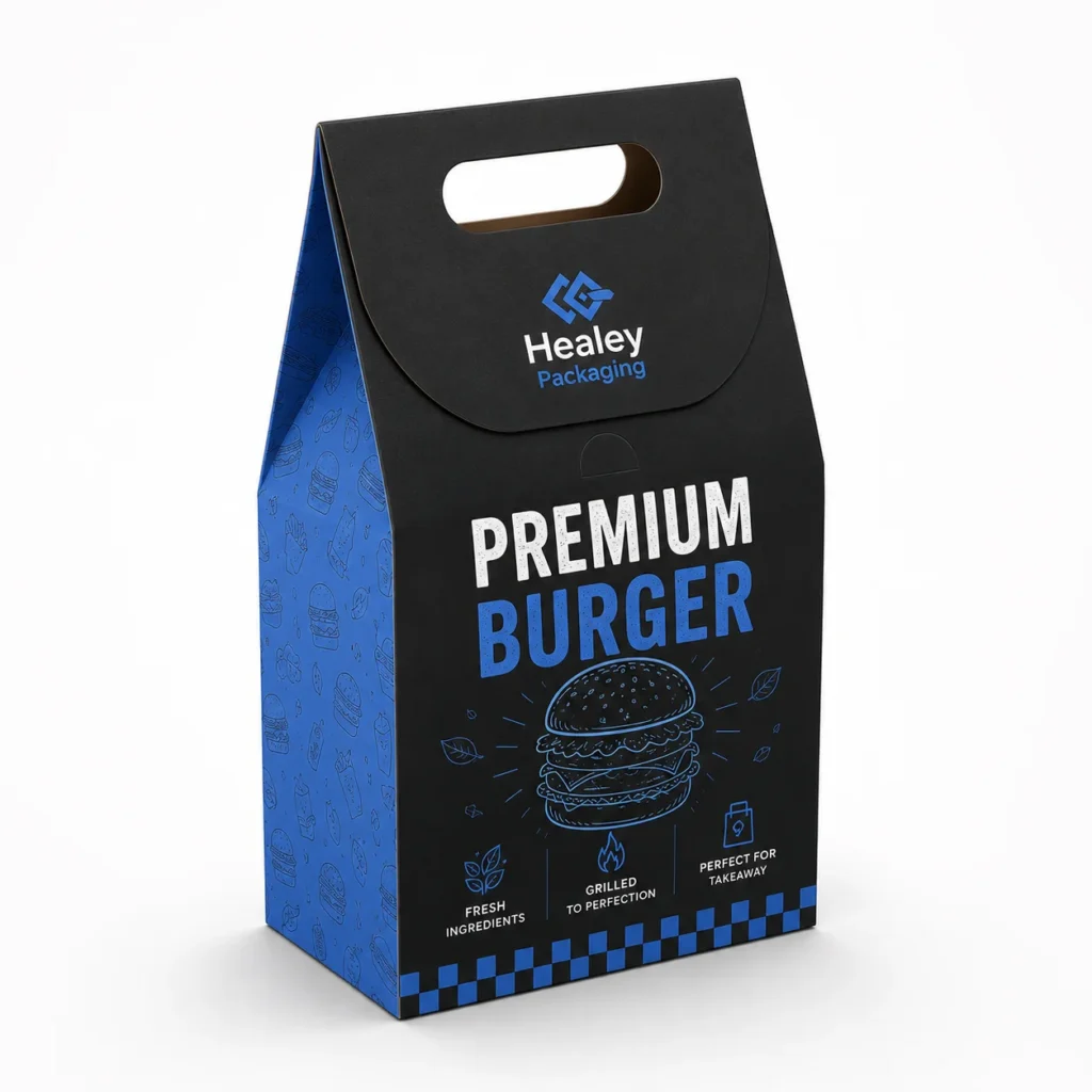 Tall printed burger takeaway box with die-cut carry handle