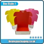 Custom printed postal boxes with colorful interiors in yellow, red, and pink