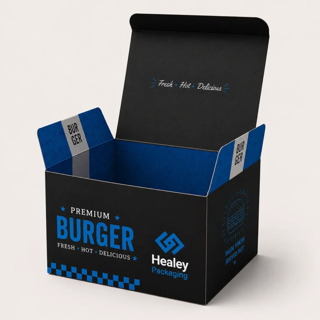 Open printed cardboard burger box with black and blue branding