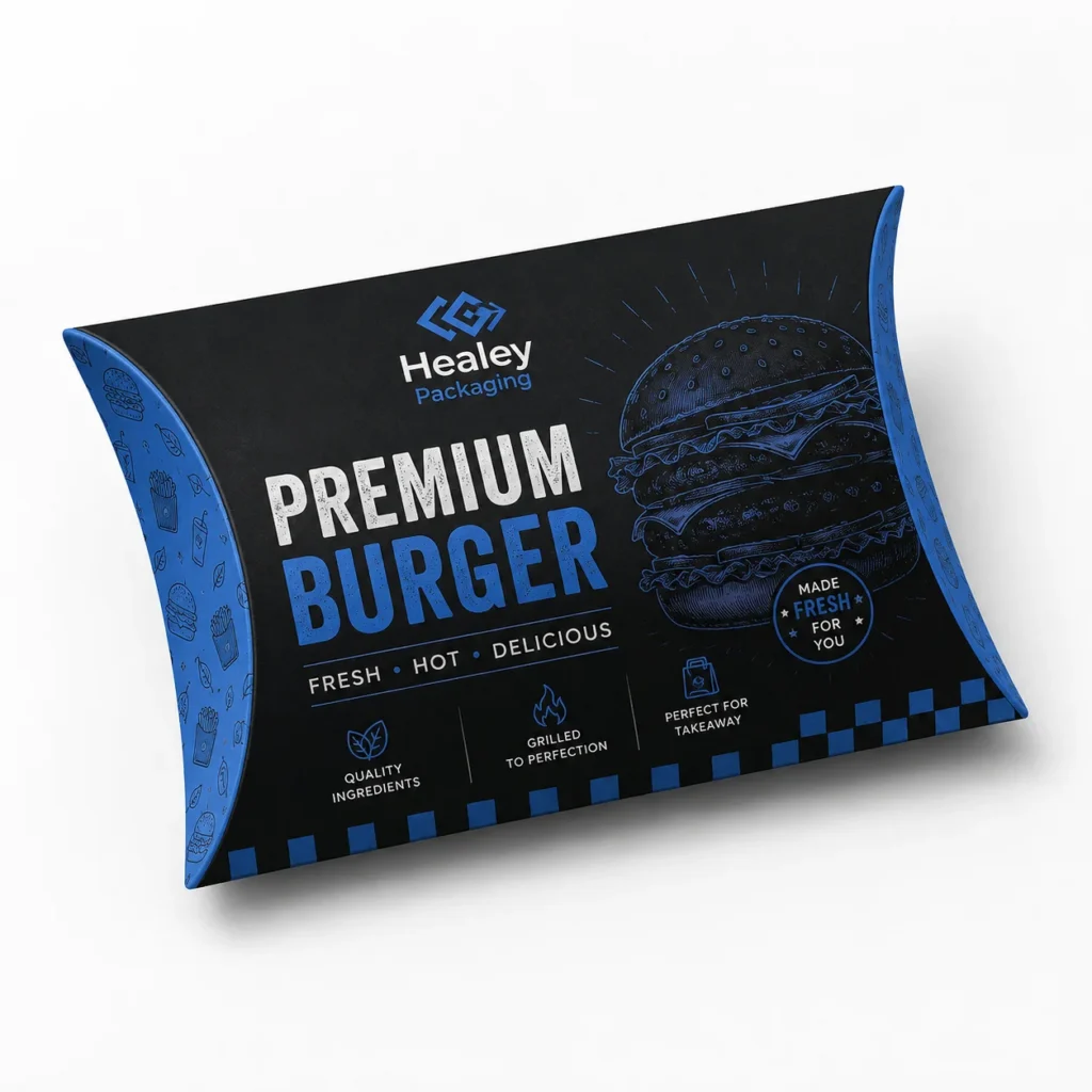 Black and blue pillow-shaped burger packaging box