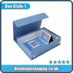 Custom blue rigid presentation box with magnetic closure and inserts for branded materials