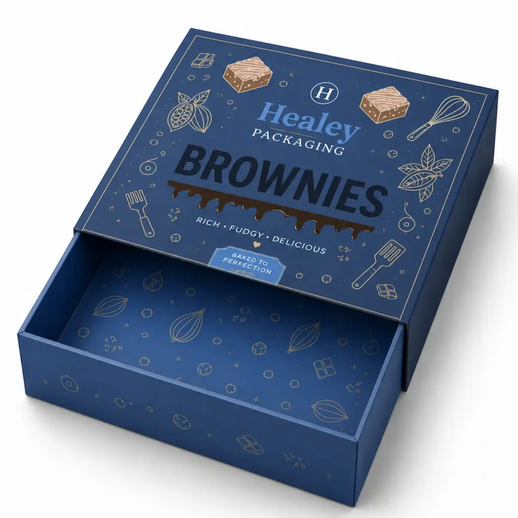 Sliding drawer box for premium brownie packaging