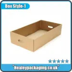 Brown cardboard tray box with side handles for carrying and retail use.