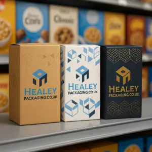 Healey Packaging cereal boxes in kraft, white SBS, and rigid navy with embossed, printed, and gold foil logos.