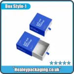 Blue and white pull-out box mockup with ribbon tab handle
