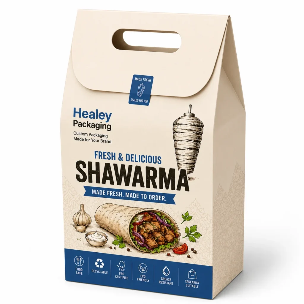 Custom printed shawarma takeaway box with carry handle and branded food design