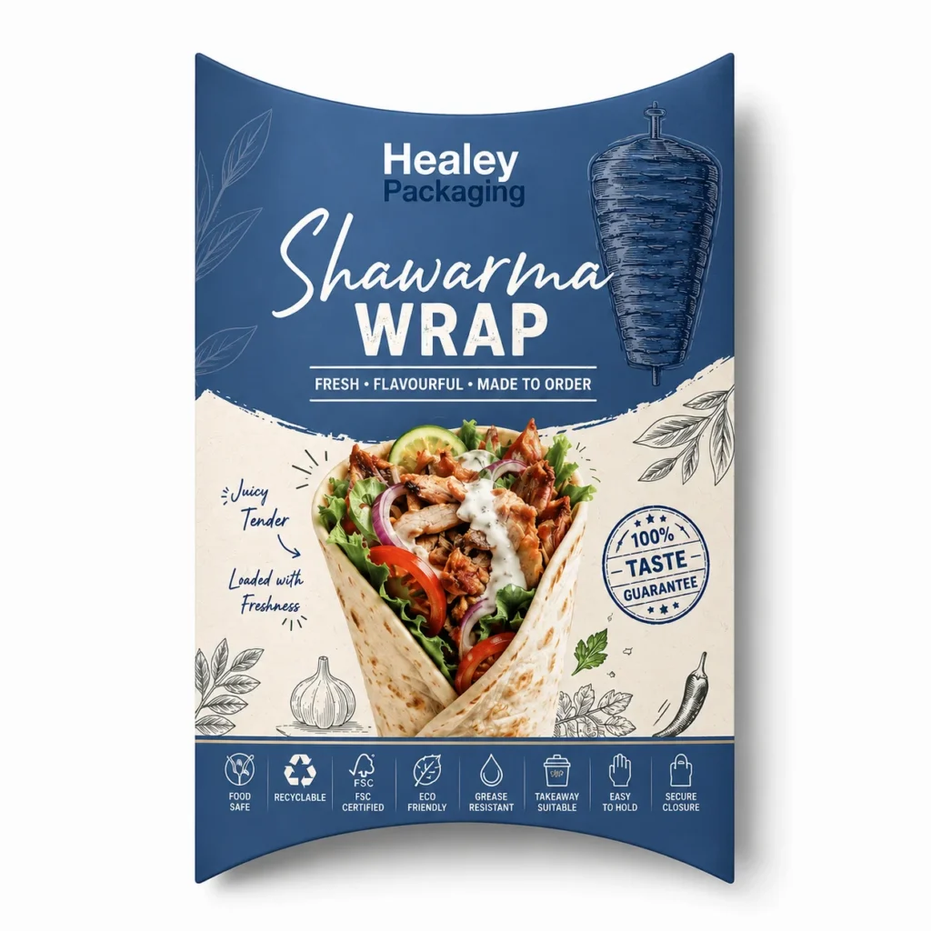 Printed shawarma wrap sleeve with curved shape and branded food graphics