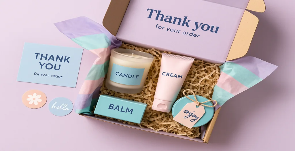 Premium unboxing experience with pastel-coloured candle, balm, cream, and thank-you card