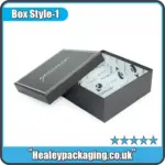 Classic two-piece rigid setup box with black exterior and printed white interior lining
