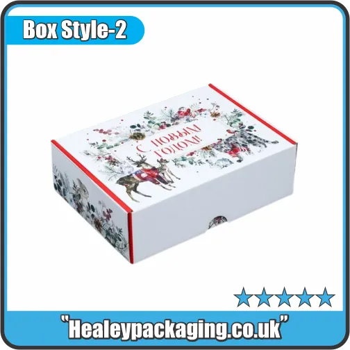 Flat rectangular Christmas box printed with reindeer and “Happy Holidays” design, perfect for cakes or gifts.