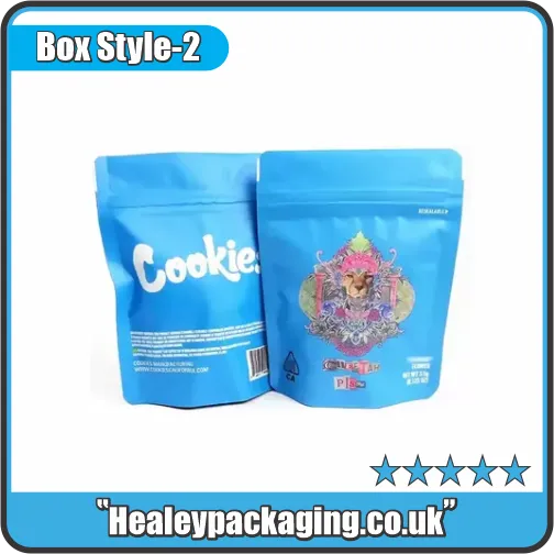 Blue resealable mylar bags with “Cookies” branding, ideal for confectionery or herbal packaging.