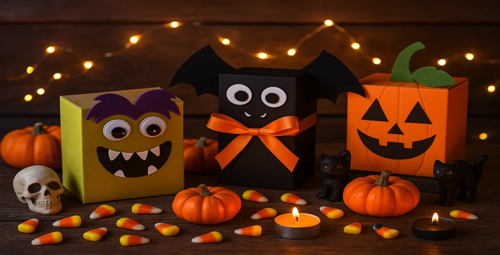 Fun Halloween-themed boxes decorated as monsters, bats, and pumpkins surrounded by candy corn, candles, and mini pumpkins on a festive wooden background.