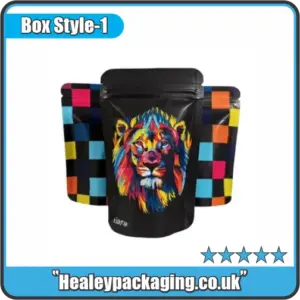 Colourful printed mylar pouch with a vibrant lion design, ideal for luxury or premium product packaging