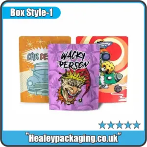 Colourful resealable mylar pouches with custom printed graphics for edibles and snacks packaging