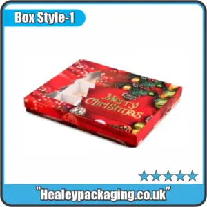 Festive red Christmas chocolate box with a “Merry Christmas” design and tree-shaped window.