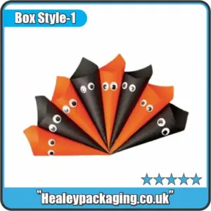 Black and orange Halloween paper cone boxes with googly eyes, ideal for party sweets or small treats.