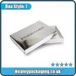 Silver foil two-piece box with a luxury printed logo on the lid