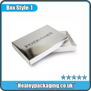 Silver foil two-piece box with a luxury printed logo on the lid