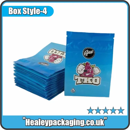 Stack of blue branded mylar bags featuring “TKO” design, used for secure and airtight storage