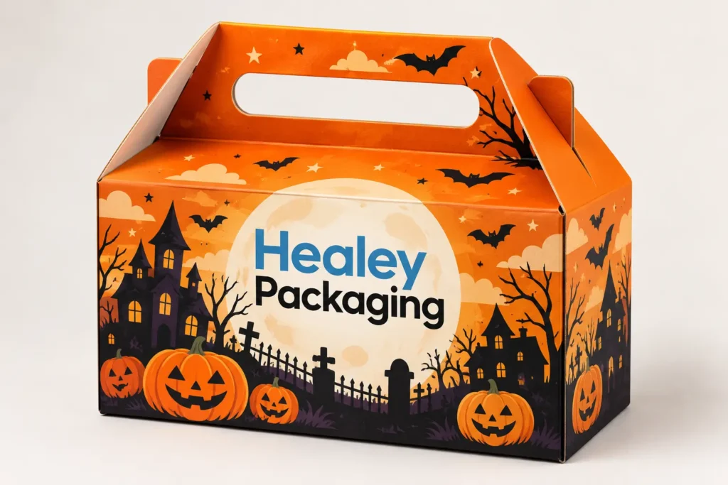Orange Halloween gable gift box with carry handle, pumpkins and haunted house design.
