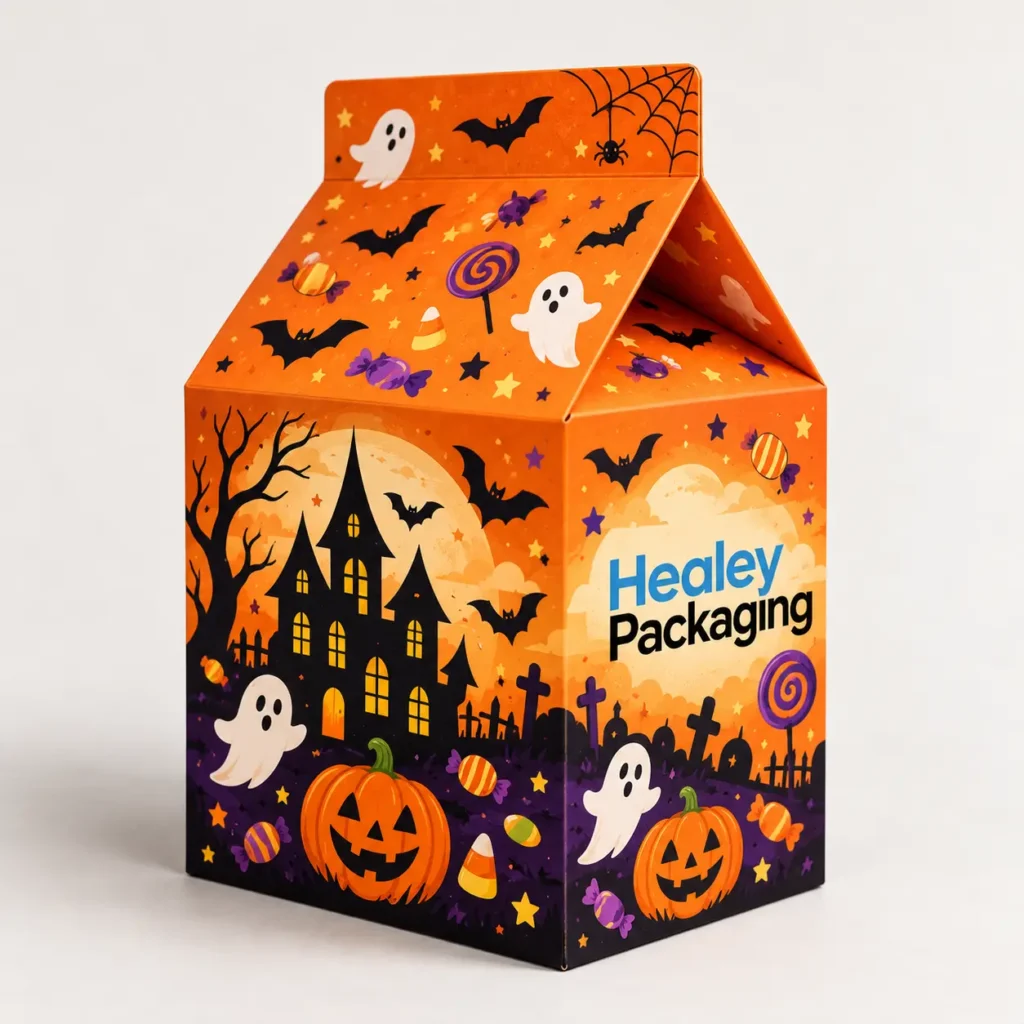 Halloween treat packaging box with folded gable top, ghosts, bats and pumpkin artwork.