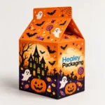 Halloween treat packaging box with folded gable top, ghosts, bats and pumpkin artwork.