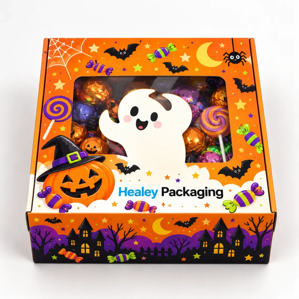 Halloween treat box with clear window displaying sweets and colourful ghost graphics.