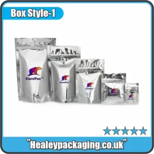 Range of silver mylar stand-up pouches in multiple sizes, ideal for food storage and retail packaging.