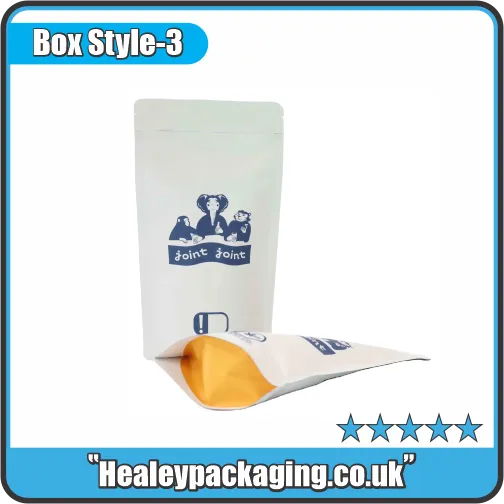 White mylar stand-up pouch with interior foil lining, designed for freshness and modern retail packaging