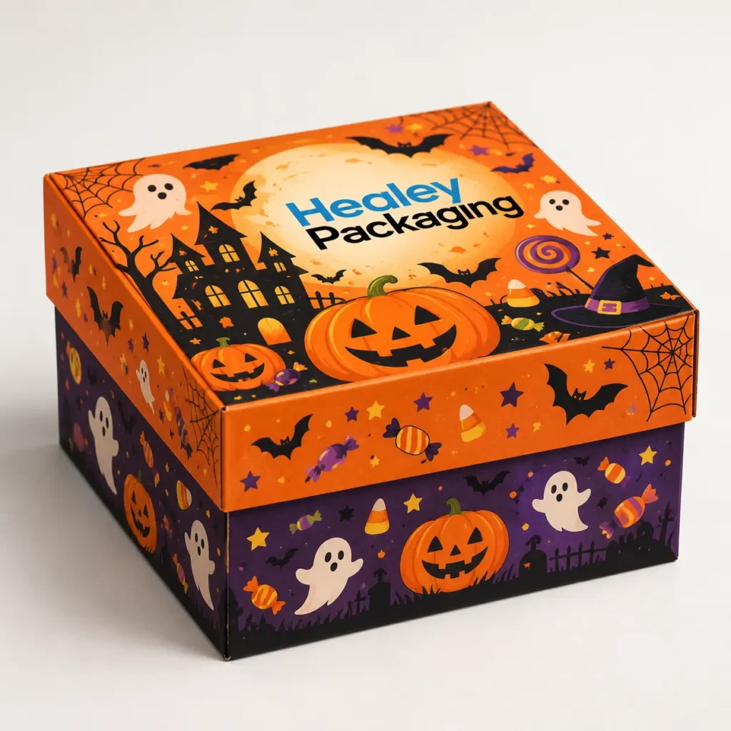 Printed Halloween gift box with removable lid, pumpkins and spooky illustrations.