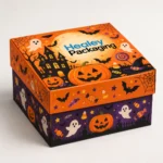 Printed Halloween gift box with removable lid, pumpkins and spooky illustrations.