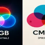 Comparison of RGB and CMYK color models showing how RGB light colors blend for digital displays and CMYK ink colors mix for print design