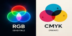 Comparison of RGB and CMYK color models showing how RGB light colors blend for digital displays and CMYK ink colors mix for print design