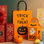 Seasonal packaging display with Halloween, Easter, Christmas treat and gift bags and boxes