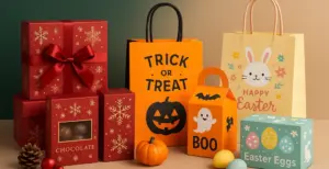 Seasonal packaging display with Halloween, Easter, Christmas treat and gift bags and boxes