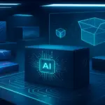 Futuristic AI-powered packaging design studio with glowing digital interface and smart boxes representing innovation in custom packaging technology.
