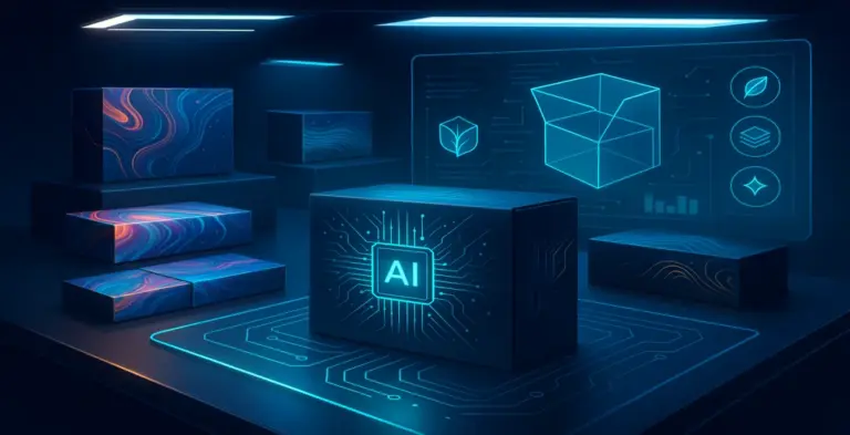 Futuristic AI-powered packaging design studio with glowing digital interface and smart boxes representing innovation in custom packaging technology.