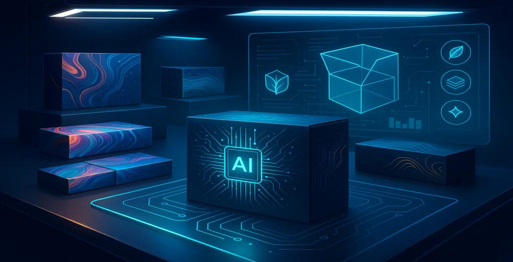 Futuristic AI-powered packaging design studio with glowing digital interface and smart boxes representing innovation in custom packaging technology.