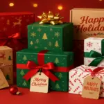 Beautifully wrapped Christmas gift boxes in red, green, and kraft paper with festive ribbons and holiday tags arranged against a warm red background
