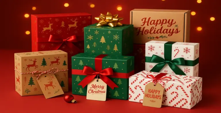 Beautifully wrapped Christmas gift boxes in red, green, and kraft paper with festive ribbons and holiday tags arranged against a warm red background