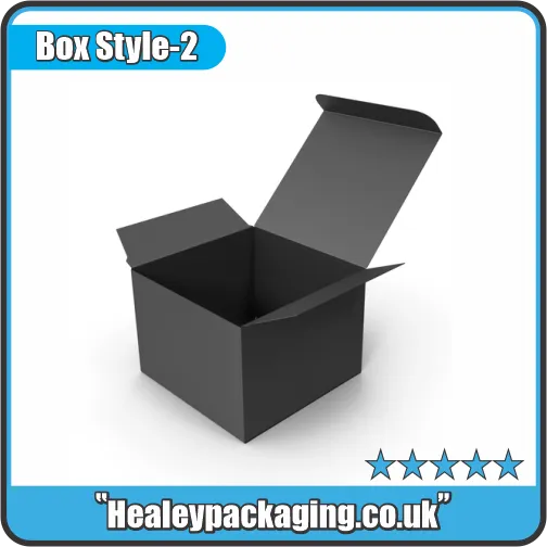 Black folding carton box with an open tuck-top lid, displayed for versatile retail or gift packaging.
